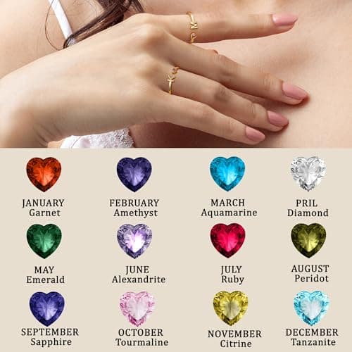 Easter Basket Stuffers-Initial Rings for Women Teen 14K Gold Plated Birthstone Rings Stackable Dainty Letter Rings Christmas Birthday Birthstone Jewelry Gifts for Mother Daughter,Adjustable Size - Thumbnail 5
