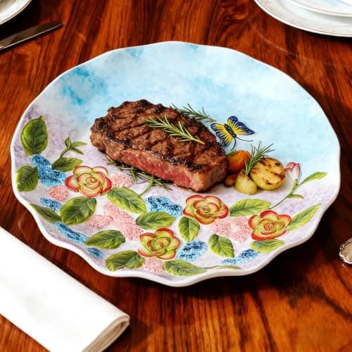 Handpainted Ceramic Dinner Plates, 9.84 Inch Ceramic Kitchen Plates, with Lifelike Floral & Butterfly Pattern, Microwave & Dishwasher Safe, Suitable for Serving Steak, Salad, Dessert, Fruits, Dessert - Thumbnail 2