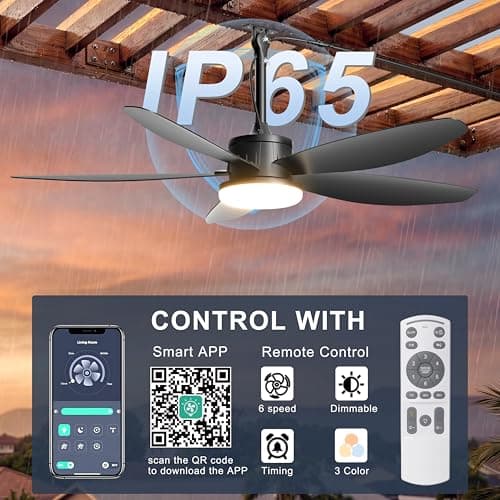 Phylluz Outdoor Ceiling Fan with Lights, 48 Inch Plug in Gazebo Fans with Remote APP Control, Quiet DC Motor, Dimmable 3CCT, Waterproof Hanging Fans for Patios, Porch, Black - Thumbnail 2