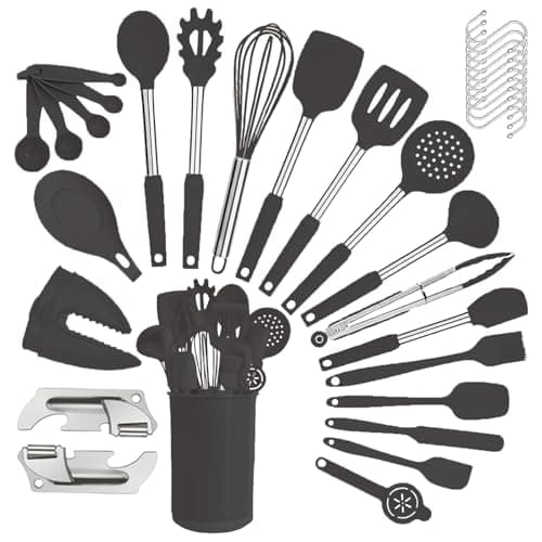 Silicone Kitchen Cooking Utensils Set with Stainless Steel Handle, Spatula Set Utensil Set, Cooking Utensil Set,Kitchen Tools Gadgets for Nonstick Cookware (35, Black) - Thumbnail 6