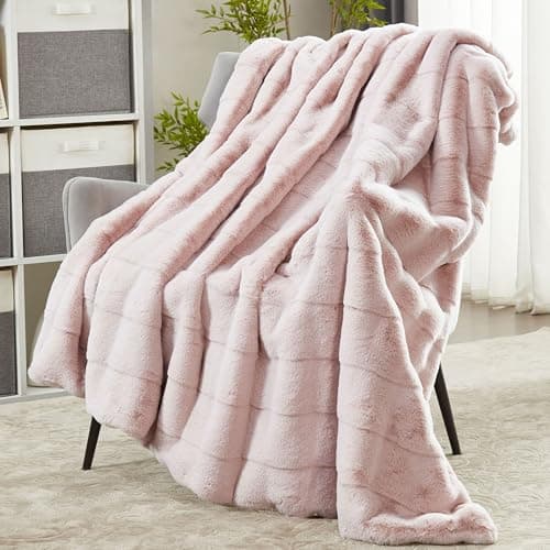 DREAMNINE Extra Large Premium Soft Fluffy Faux Rabbit Fur Blanket Full Size 70" x 80", Decorative Big 3D Plaid Warm Thick Fuzzy Bed Fur Blankets for Winter, Luxury Shaggy Cute Plush Furry Blanket,Pink - Thumbnail 2