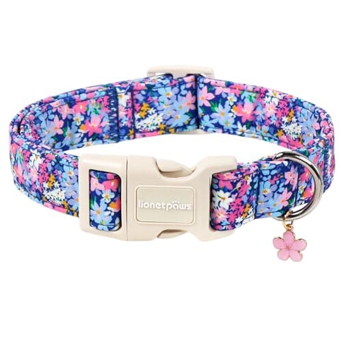 Lionet Paws Floral Dog Collar Summer Wildflowers Daisy Fleabane Collars with Pink Peach Pattern Pendant - Female Girl Dog Collar for Small Medium Dogs S - Image 1