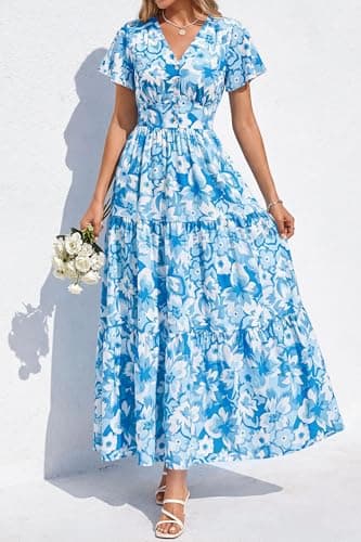 PRETTYGARDEN Women Summer Maxi Dresses 2026 Short Sleeve V Neck Button Floral Tiered Flowy Boho Sundress Beach Outfits(Blue Floral,Medium) - Thumbnail 2