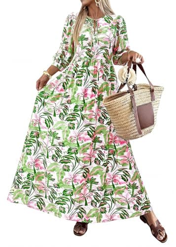 KIRUNDO Summer Dresses for Women 2026 Spring Wedding Guest Boho Floral 3/4 Sleeve Beach Vacation Cruise Flowy Maxi Dress(Green, Small) - Image 1