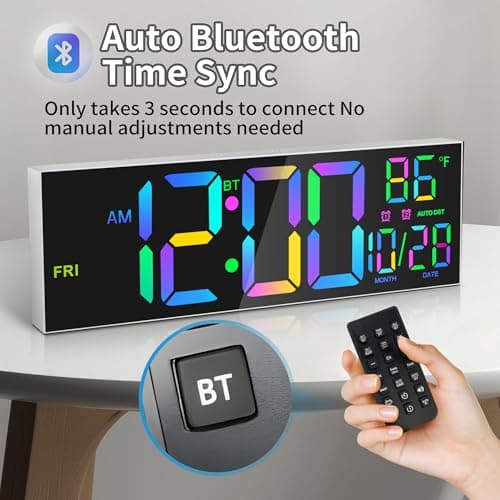 Mee 2ou 16.5" Digital Wall Clock White with Bluetooth Auto-Sync,Large LED Display,Smart Auto Dimming,DST,Remote Control, Night Light, Date & Temperature for Living Room, Gym, Office - Thumbnail 4