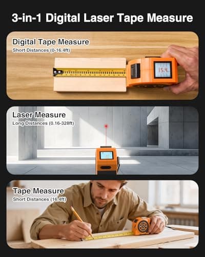 3-in-1 Digital Laser Tape Measure 328Ft Rechargeable Measuring Tool &16Ft Auto-Lock Tape Measure Movable Magnetic Hook with Area/Volume/Pythagorean, Ft/in/M/Ft+in for Construction;Woodworking;Home DIY - Thumbnail 2
