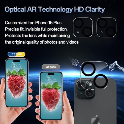 JESOHO Blue Light Screen Protector for iPhone 15 Plus [6.7 Inch],2 pcs Colorless Anti-Blue Light Tempered Glass Films, HD Clear, 9H Hardness, No Bubbles, Case Friendly with 2 pcs Camera Lens Protector - Thumbnail 6