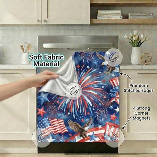 4th of July Decorations Magnetic Dishwasher Cover 23"x26" - Starry Night Fireworks & Eagle Kitchen Decor - American Flag Fabric Fridge Panel - Thumbnail 3