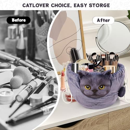 Openhaha Drawstring Makeup Organizer, Travel Cosmetic Pouch - Cat Gift for Women, Lay Flat Makeup Bag Gifts for Cat Lovers - Thumbnail 5