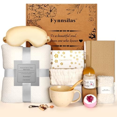 Fynnsilas Stress Relief Spa Gift Box for Women – 12pc Self Care Set w/ Oud Wood Candle, Blanket, Bath Bombs, Eye Mask, Fuzzy Socks | Birthday Get Well Thinking of You Gift - Thumbnail 2