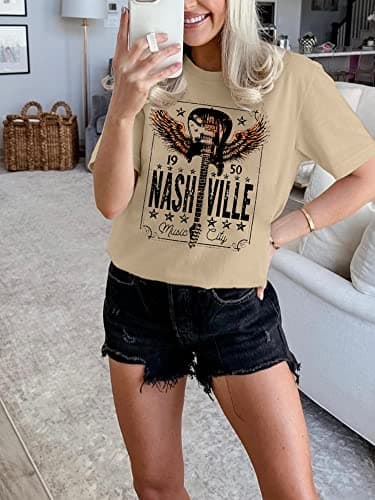 Womens Nashville Shirts Country Music Concert Tshirts Vintage Graphic Short Sleeve Tees for Women Beige S - Thumbnail 2