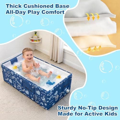 Baby Bathtub, 5-Layer Anti-Tear Foldable Toddler Bath Tub with Padded Bottom Drain Plug, Portable Collapsible Baby Bath for Travel, Shower, Sink, Indoor & Outdoor, 6 Months to 5 Years - Thumbnail 5