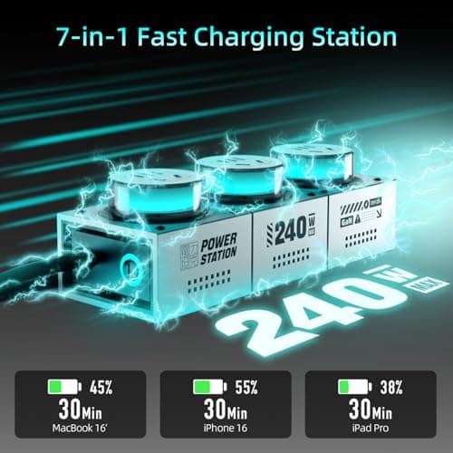 Mfish E-Tank 240W GaN Desktop Charging Station, 7-in-1 Charging Hub with 3 AC Outlets & 4 USB-C Ports (Up to 140W PD 3.1), RGB Desk Power Hub for Gaming Setup, Creator Workstation & Home Office - Thumbnail 3