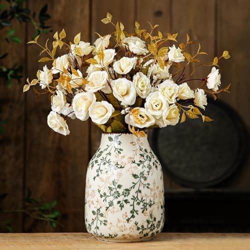 Green & Beige Vintage Chinoiserie Ceramic Vase 7.8”, Floral Rustic Decorative Vase for Living Room, Bookshelf, Office, Grandmillennial & Tuscan Decor - Image 1