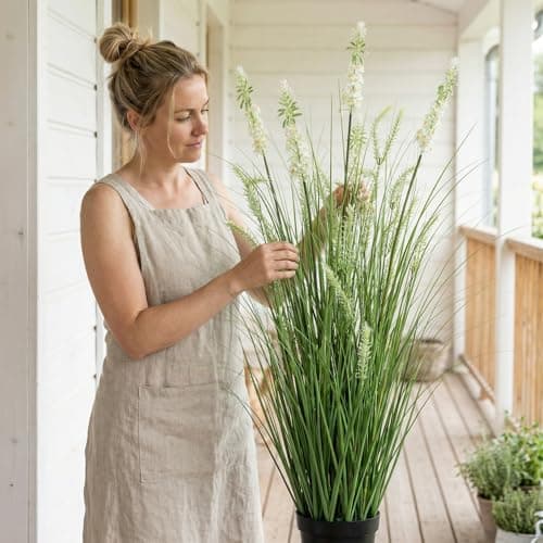 Crasraye Artificial Grass Plant with White Delphinium Silk Flowers 4ft 2-Pack, Fake Ornamental Onion Grass in Pot, 48in Tall Floor Grass Plants for Decor, Indoor Decorative Flowers & Plants - Thumbnail 6