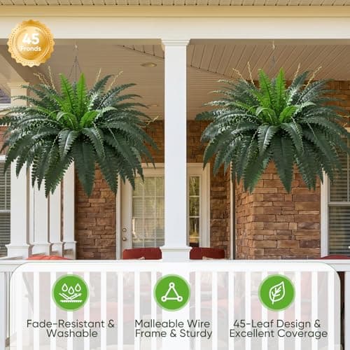 fawdge 35" Large Artificial Boston Fake Ferns Faux Outdoor Fern for Porch and Hanging, Realistic Silk Fake Ferns with Bendable Stems, No-Styling Needed, Decor for Home Garden (2-Pack) - Thumbnail 3