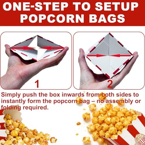 20 Pcs Movie Night Popcorn Boxes, 8 inch Red and White Striped Paper Popcorn Bucket, 250gsm Rigid Cardstock, One-Step Setup, Reusable Pop corn Bags for Party, Home Kitchen, Snacks, Easter - Thumbnail 2