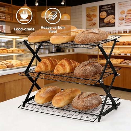 3 Tier Collapsible Cooling Rack with Adjustable 6 Setting Design stackable wire rack for baking sheet for Cookies Baking Gifts for Women (Black, 3-Tier) - Thumbnail 2