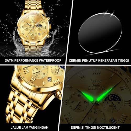 OLEVS Luxury Gold Watches for Men Stainless Steel Watches Chronograph Men Quartz Watch Classic Roman Dial Waterproof - Thumbnail 4