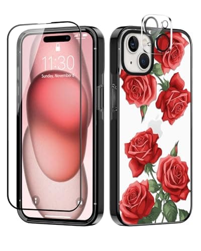 Sholbrak [3 in 1 Designed for iPhone 15 Case Red Rose Flower Floral Protective Phone Case Cover 6.1" Screen Protector + Camera Lens Protector【2X Military Grade Drop Tested / 6.6ft Drop Protection】 - Image 1