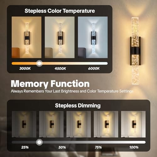 Linboro Battery Cordless Wall Sconces Set of 2, 16.9'' Rechargeable Wall Sconce with 16000mAh Battery, Wireless No Wiring Wall Lights, Dimmable 3000K-6500K for Hallway Bathroom Vanity Corridor, Black - Thumbnail 5