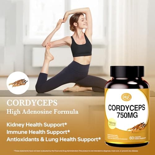 HUJ Cordyceps Mushroom Capsules - Cordyceps Supplement with Dual Mycelium - Kidney Health, Immune Health & Energy Support - 60 Capsules - Thumbnail 3