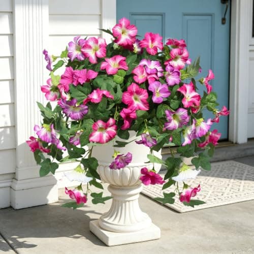 Flortevera Artificial Fake Flowers Plants for Outdoor UV Resistant, 2PCS Silk Faux Petunias No Fade Summer for Outside Planter Front Door Porch Yard Patio Balcony Realistic Decoration Fuchsia White - Image 1