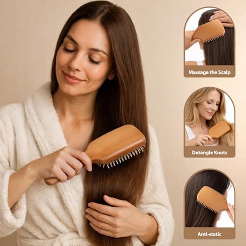 Wooden Bristle Hair Brush for Women & Men, Smoothing Hair Brush for Scalp Massage & Detangling, Wooden Brush that Reduces Static & Breakage for Thin, Thick, Fine, Curly Hair - Thumbnail 3