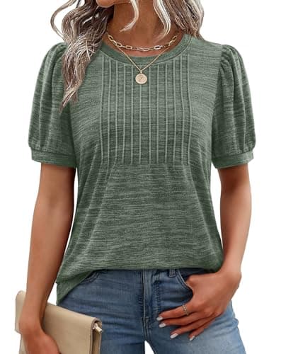 XIEERDUO Women's Short Sleeve Spring Tops Pleated Shirts Tunic Tops and Blouses Dressy Causual Outfits Fashion Clothing 2026 St Patricks Day Shirt Women Beach Vacation Green M - Image 1