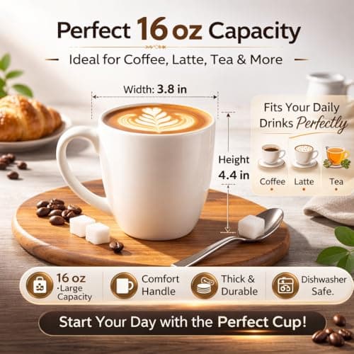 GBhome 16oz Coffee Mugs Set of 6, Large Ceramic Coffee Mugs for Man, Woman, Dad, Mom, Modern Coffee Mugs Set with handle for Tea/Latte/Cappuccino/Milk/Cocoa. Dishwasher&Microwave Safe,ivory - Thumbnail 2
