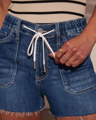 MEMVU Denim Shorts Women Elastic Waist Drawstring Stretchy Distressed Jean Shorts for Women with Pockets Casual High Waisted Stretchy Cut Off Summer Beach Ladies Shorts 2026 Dark Blue XL - Thumbnail 3