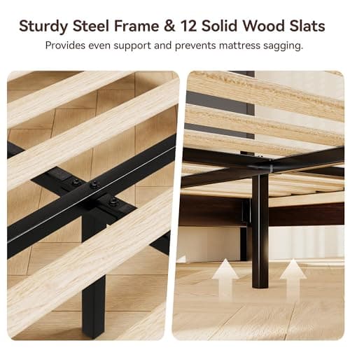 AMICLIBER Wood King Bed Frame, Platform Bed with Tall Headboard, Solid Wood Slat Support, Noise-Free Mattress Foundation, No Box Spring Needed, Easy Assembly, Brown - Thumbnail 6