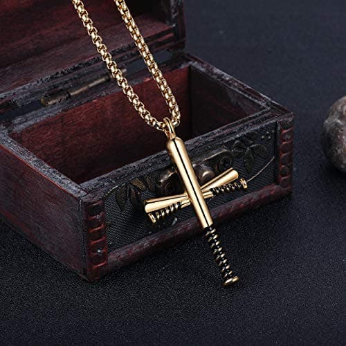 Rehoboth Baseball Bat Cross Pendant Necklace for Women Men With 24 Inch Stainless Steel Chain Gold - Thumbnail 2