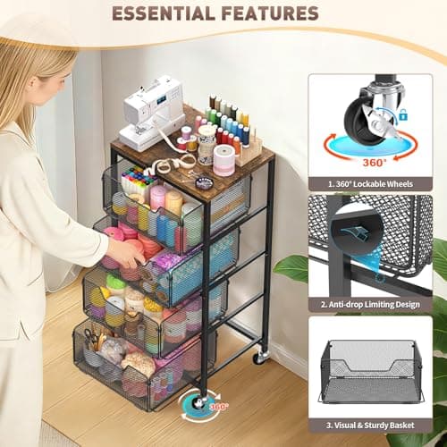 SUNALLY Rolling Kitchen Cart with Drawers, 4-Tier Utility Cart Fruit Vegetable Storage Cart with Lockable Wheels, Wooden Top Metal Kitchen Storage Organizer for Cans, Snacks, Beauty, Craft, Art, Black - Thumbnail 5