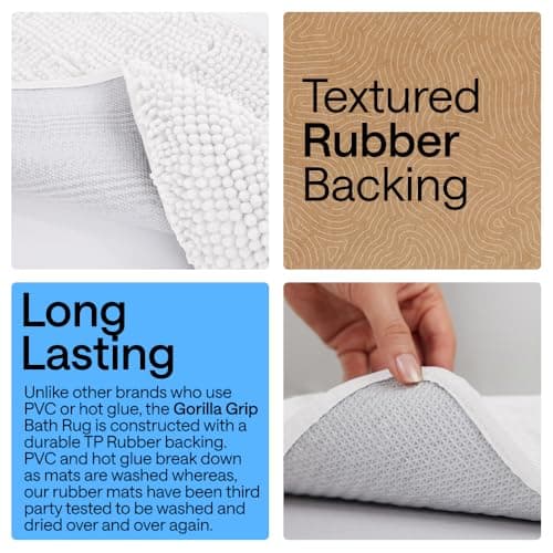 GORILLA GRIP Bath Rug Mat 60x17, Thick Soft Absorbent Chenille, Quick Dry Microfiber Mats, Rubber Backing Washable Shower Floor Rugs, Bathmat Runner, US Designed Bathroom Home Decor Accessories White - Thumbnail 3