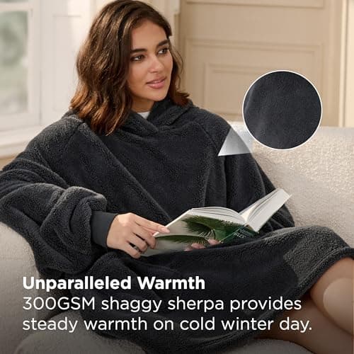 Bedsure Blanket Hoodie, Wearable Blanket Hoodie as Mothers Day Birthday Gifts for Women Men Mom Dad, Warm Cozy Soft Sweatshirt Hooded Blankets With Sleeves for Adult Women Men, Charcoal - Thumbnail 5