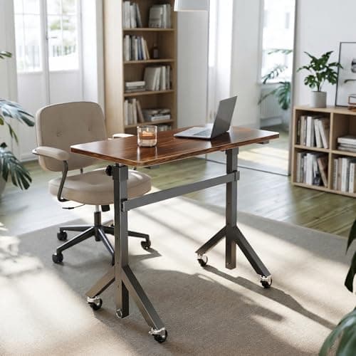 HUANUO 32'' Small Standing Desk with Wheels,28.7"-46.1" Heigh Adjustable Portable Rolling Desks,Mobile Stand Up Desk for Walking Pad and Treadmill,Sit to Stand Computer Workstation for Bedroom,Walnut - Thumbnail 2
