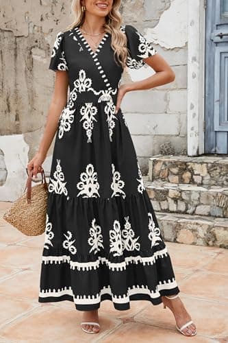 PRETTYGARDEN Womens 2026 Summer Casual V Neck Boho Maxi Dress Flowy Aline Bell Sleeve Tiered Floral Dresses with Pocket (Floral Black White,XX-Large) - Thumbnail 5
