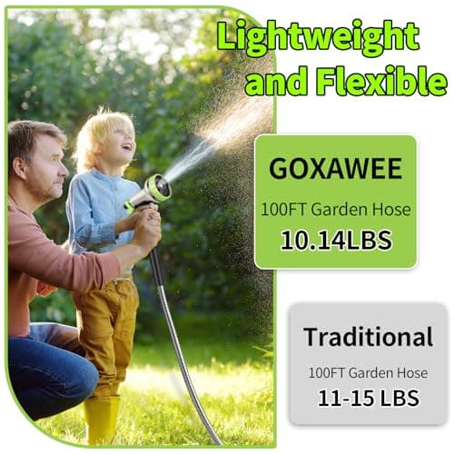 GOXAWEE Garden Hose 100FT, Stainless Steel Heavy Duty Water Hose With 10 Function Nozzle, No-Kink, Tough & Flexible, Sturdy and Lightweight, Rust Proof for Yard, Outdoor, RV - Thumbnail 3