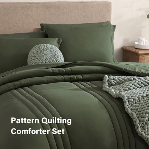 Monbix King Size Comforter Set - 7 Pieces Bed in a Bag King, Olive Green Bedding Sets with Comforter, All Seasons Comforter Bed Set with Sheets, Pillowcases & Shams - Thumbnail 4