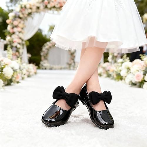 Pxmzizz Toddler Girl Black Dress Shoes Mary Jane Flower Girl Flats for Wedding & Party, Soft Insole, Non-Slip, Easy On & Off Dress Shoes for Little Girls,Black,11.5 - Thumbnail 2