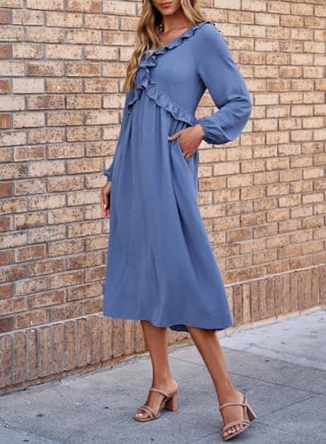 Dokotoo Dresses for Women Spring Outfits 2026 Blue Dress Plus Size Dresses for Teachers Wedding Guest Dress Casual V Neck Long Sleeve Women Clothing Summer Maxi Dress Blue - Thumbnail 4