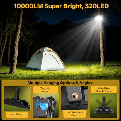 NICKLUC LED Work Light Rechargeable Outdoor, 13000mAh Work Flood Lights 10000LM with 4 Light Modes for Camp Essentials, IP65 Waterproof LED Lantern for Emergency, Power Outages, Car Repair, Tent - Thumbnail 2