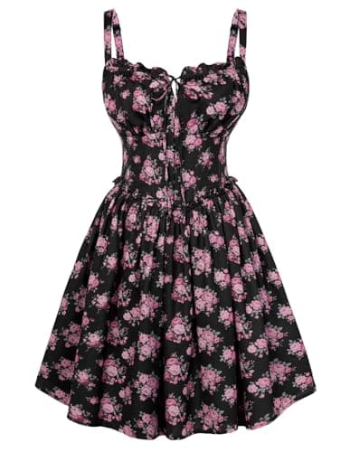 Scarlet Darkness Floral Corset Dress for Women 2026 Summer Sundress Lace Up Mini Milkmaid Dresses with Pockets - Image 1