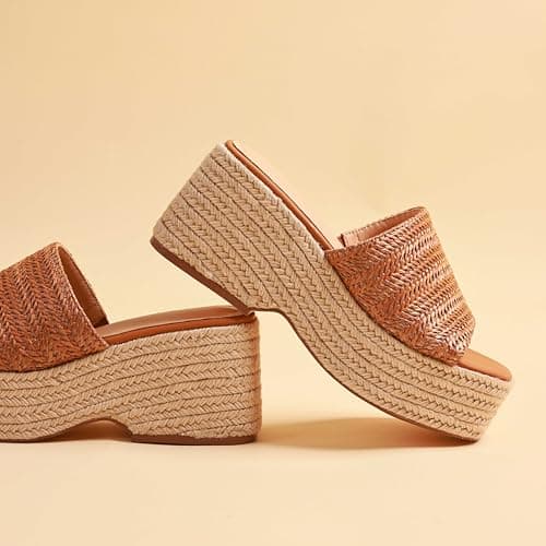 EQAUDES Wedge Sandals for Women Brown Platform Espadrilles Boho Wedges Slides - Summer, Raffia Straw, Flatform, Open Toe, Slip on,Beach, Comfortable - Thumbnail 4