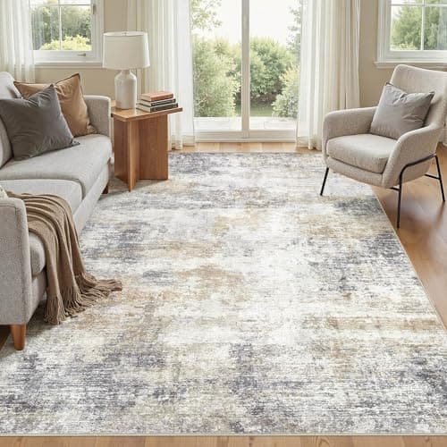 5x7 Area Rugs Living Room Rug: Washable Neutral Modern Abstract Soft Thin Rug Non-Slip Stain Resistant Carpet for Bedroom Under Dining Table Nursery Home Office - GoldBrown - Thumbnail 5