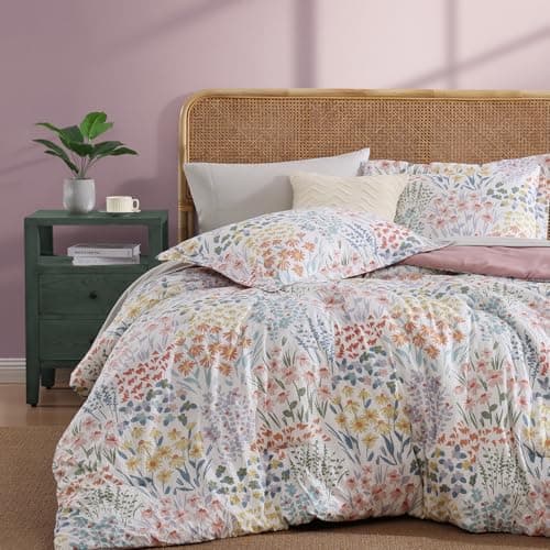CASAAGUSTO Queen Comforter Set, 7 Pieces Bed in a Bag Queen Pinkish Floral Comforter Set with Flowers Leaves Pattern, Soft Seersucker Design All Season Queen Size Bedding Set - Image 1