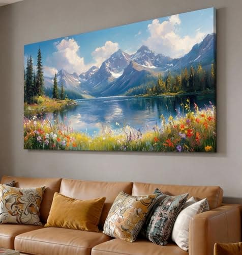 Inzlove Large Canvas Wall Art 48" L x 24" W - Snow Mountain Lake Landscape Painting, Meadow Wildflowers Art Print, Rustic Farmhouse Decor for Living Room Bedroom - Image 1