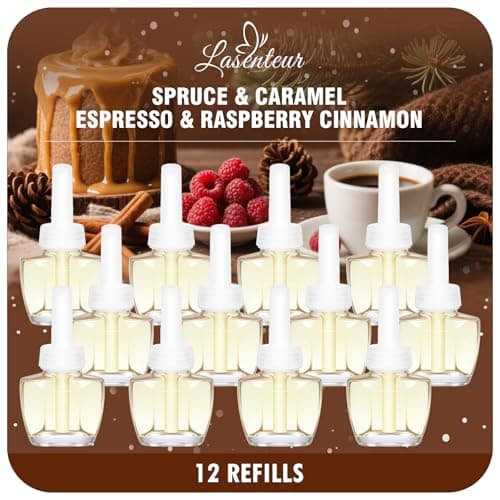 Plug In Air Freshener Refills 12 Pack – Spruce, Caramel, Espresso & Raspberry Cinnamon Scents – Adjustable Fragrance for Home & Bathrooms – Compatible with Air Wick & Glade, Not Include Glade Plus - Image 1