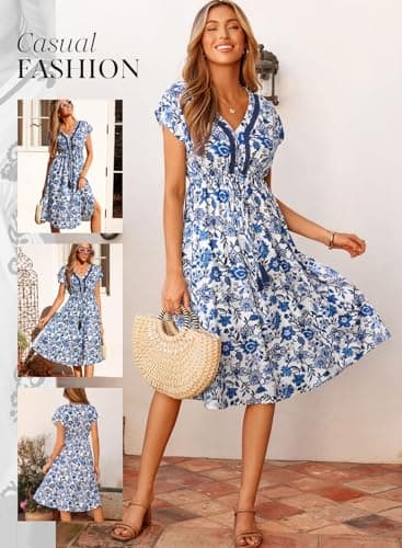 Dokotoo Boho Summer Dresses for Women Floral Sundress for Women Drawstring Waist Daily Lightweight Summer Midi Dress Flowy Wedding Guest Dress Casual Vacation Outfits Resort Wear Blue XL - Thumbnail 2